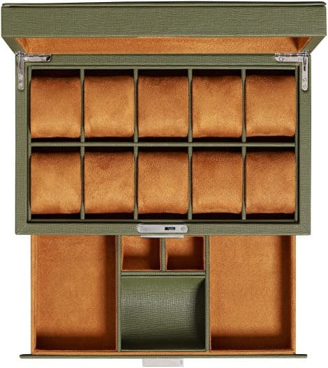 Organisateur de montres de luxe ROTHWELL – boîte à 10 montres avec tiroir valet, doublure ultra douce en microsuède, porte-bijoux verrouillable en verre (vert/beige marron).