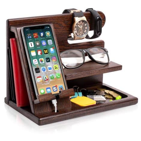 Idée Cadeau pour Homme : Organisateur de Bureau en Bois, Support pour Téléphone, Montre, Porte-Monnaie. (Marron)