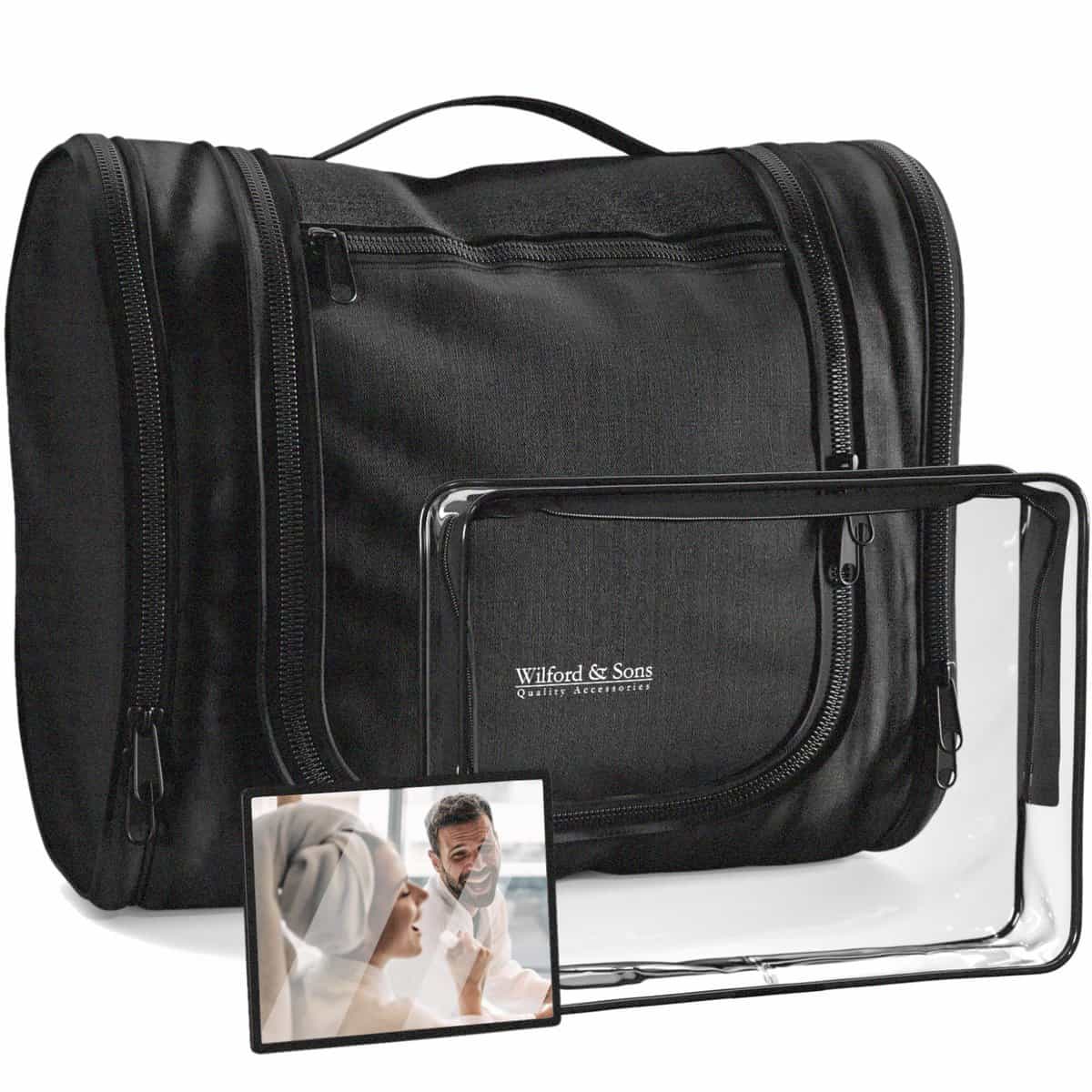 Wilford & Sons Trousse de Toilette Homme Femme - Suspendue avec Miroir + Pochettes Intérieures, Transparente Bag | Vanity-Case Voyage, Accessoire Coiffure Cosmétique Maquillage | Nécessaire Beauty Toiletry