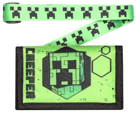 Portefeuille cool pour enfants – en argent du jeu Green Creeper- avec lanyard – cadeau Minecraft authentique