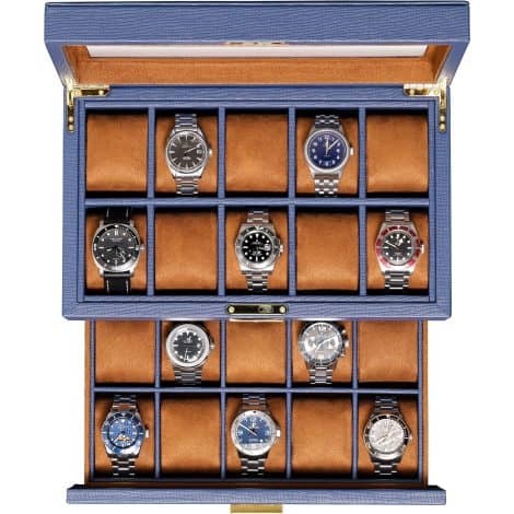 Boîte élégante en cuir pour montres de luxe avec 20 compartiments et verre véritable. (Bleu/Marron Clair)