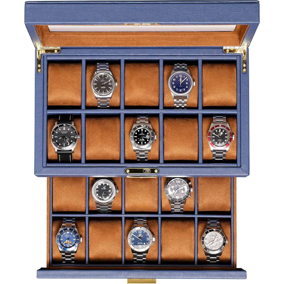 ROTHWELL Boîte à montres en cuir à 20 fentes - Présentoir à bijoux de luxe pour montres - Porte-montre verrouillable avec grand plateau en verre véritable - (Bleu/Marron Clair)