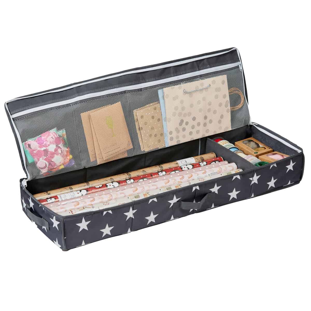 LOVE IT STORE IT - Sac De Rangement Pour Papier Cadeau - Pour Ranger Des Rouleaux De Papier Cadeau - Avec Compartiments Pour Rubans - 90x30x12 cm - Gris Avec Étoiles