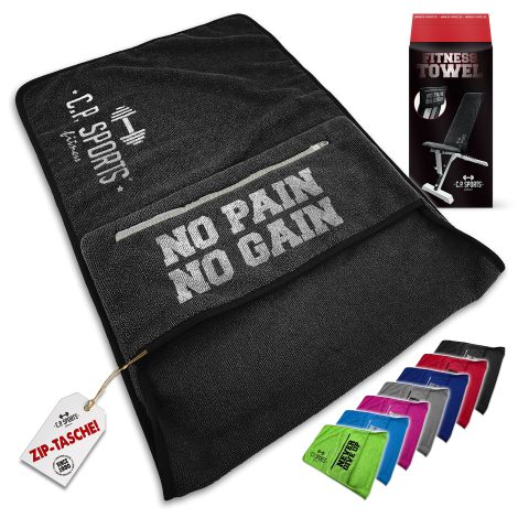 C.P.Sports C.P. SPORTS – Serviette de Fitness en Microfibre | Fixation + Pochette avec Fermeture éclair | Gym Training Sport | Très Douce, Lavable, Longue et Grande | pour Femmes et Hommes | Gris foncé